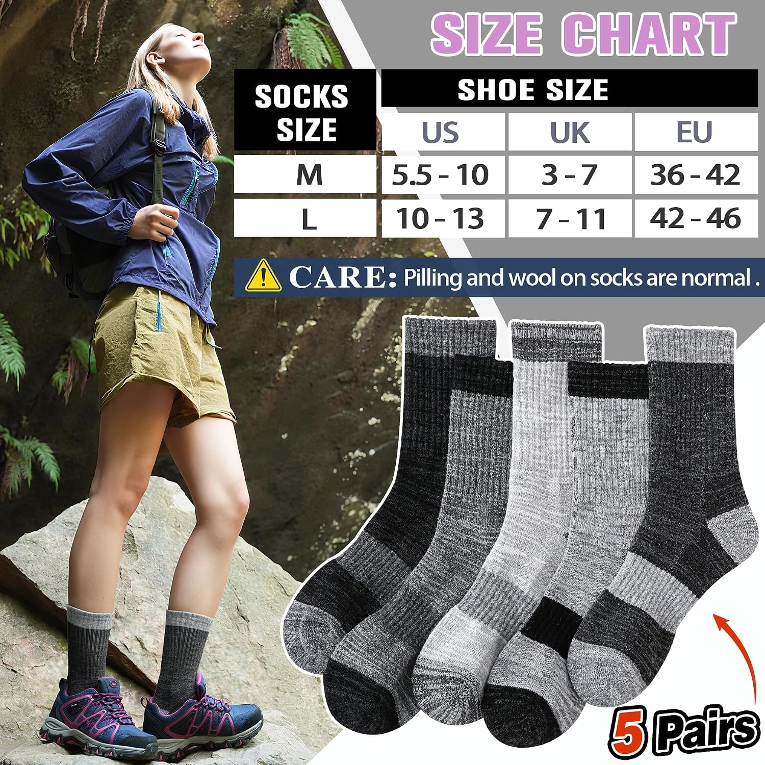 Merino Wool Hiking Socks Thermal Warm Winter Cozy Cushioned Moisture Wicking Crew Socks for Women 5 Pairs