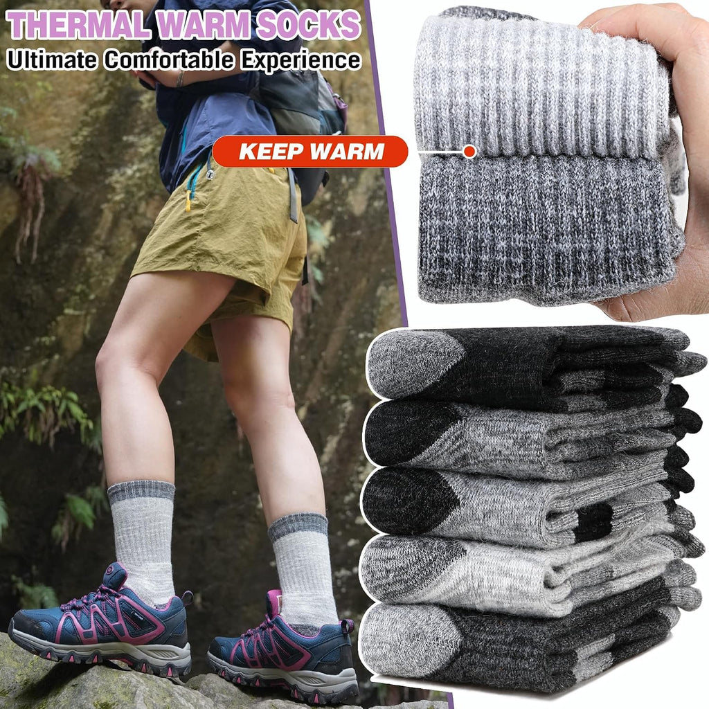 Merino Wool Hiking Socks Thermal Warm Winter Cozy Cushioned Moisture Wicking Crew Socks for Women 5 Pairs