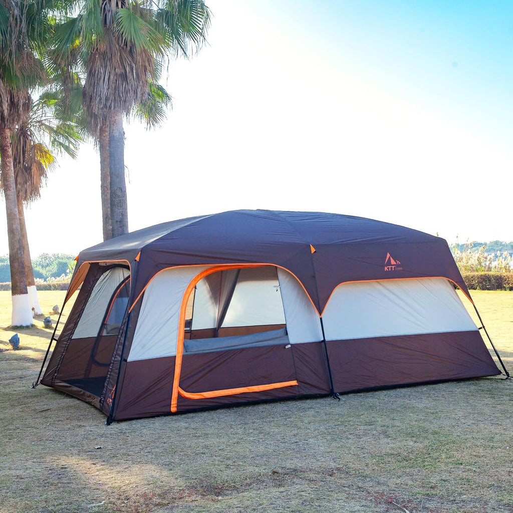 KTT Extra Large Tent 8-10-12-14 Person(A),Family Cabin Tents,2 Rooms,3 Doors and 3 Windows with Mesh,Straight Wall,Waterproof,Double Layer,Big Tent for Outdoor,Picnic,Camping,Family Gathering