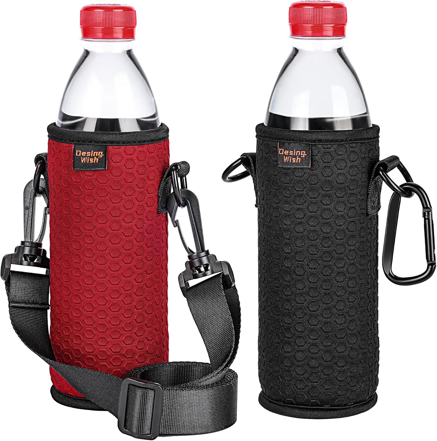 Portable 16.9 oz Plastic Bottles Insulators Sleeves 16 17 18 oz Beverage Bottle/Can Sleeves Holder with Shoulder Strap Plastic Bottle Sleeves Coolers 2 PCS (Black/Red)