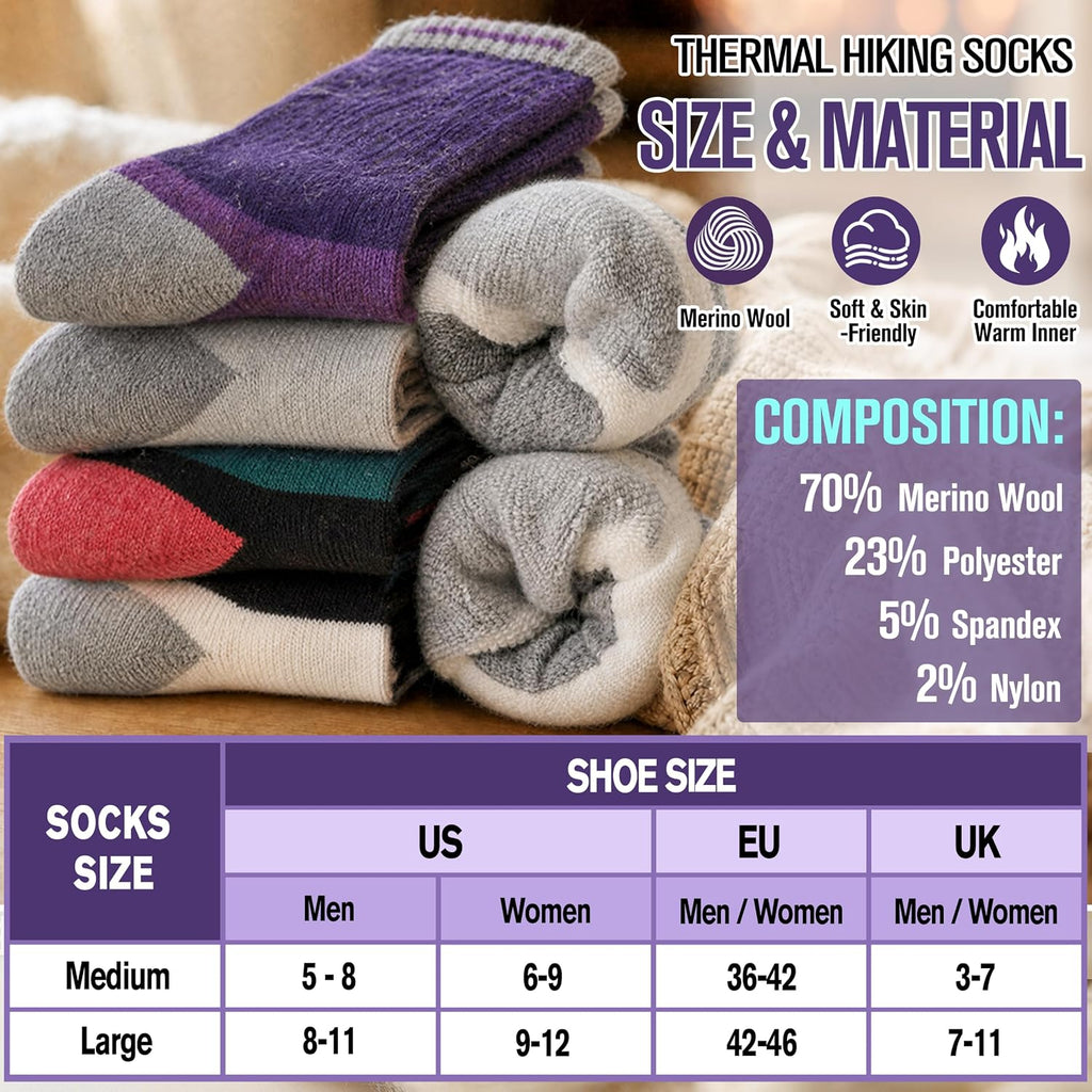 MOGGEI 5 Pairs Merino Wool Hiking Socks Warm Thermal Winter Cozy Cushioned Moisture Wicking Socks for Women & Men