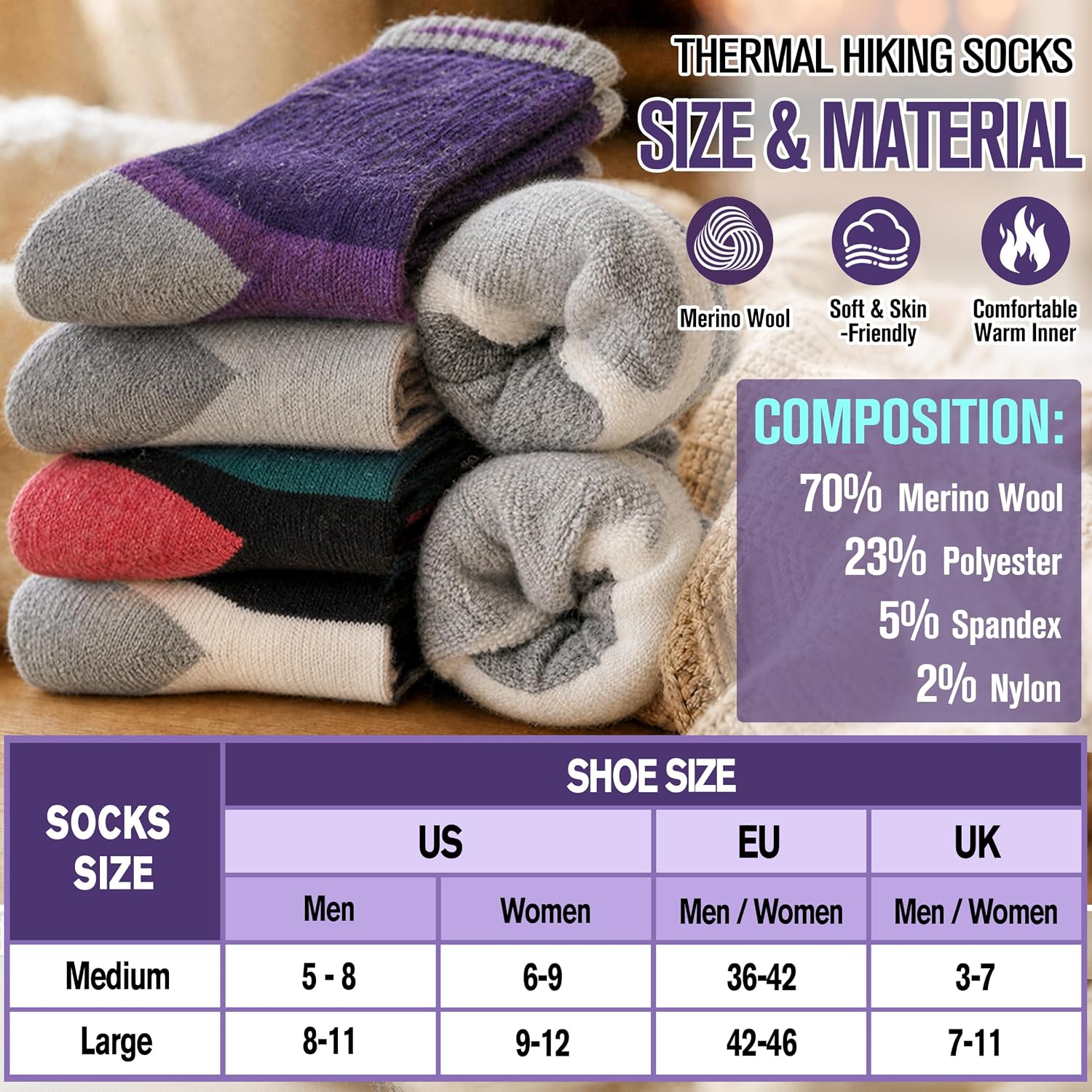 MOGGEI 5 Pairs Merino Wool Hiking Socks Warm Thermal Winter Cozy Cushioned Moisture Wicking Socks for Women & Men