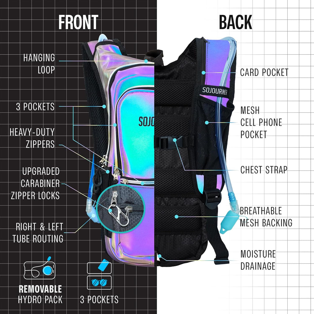 Sojourner Hydration Pack, Hydration Backpack - Water Backpack with 2l Hydration Bladder, Festival Essential - Rave Hydration Pack Hydropack Hydro for Hiking, Running, Biking, Festival Gear