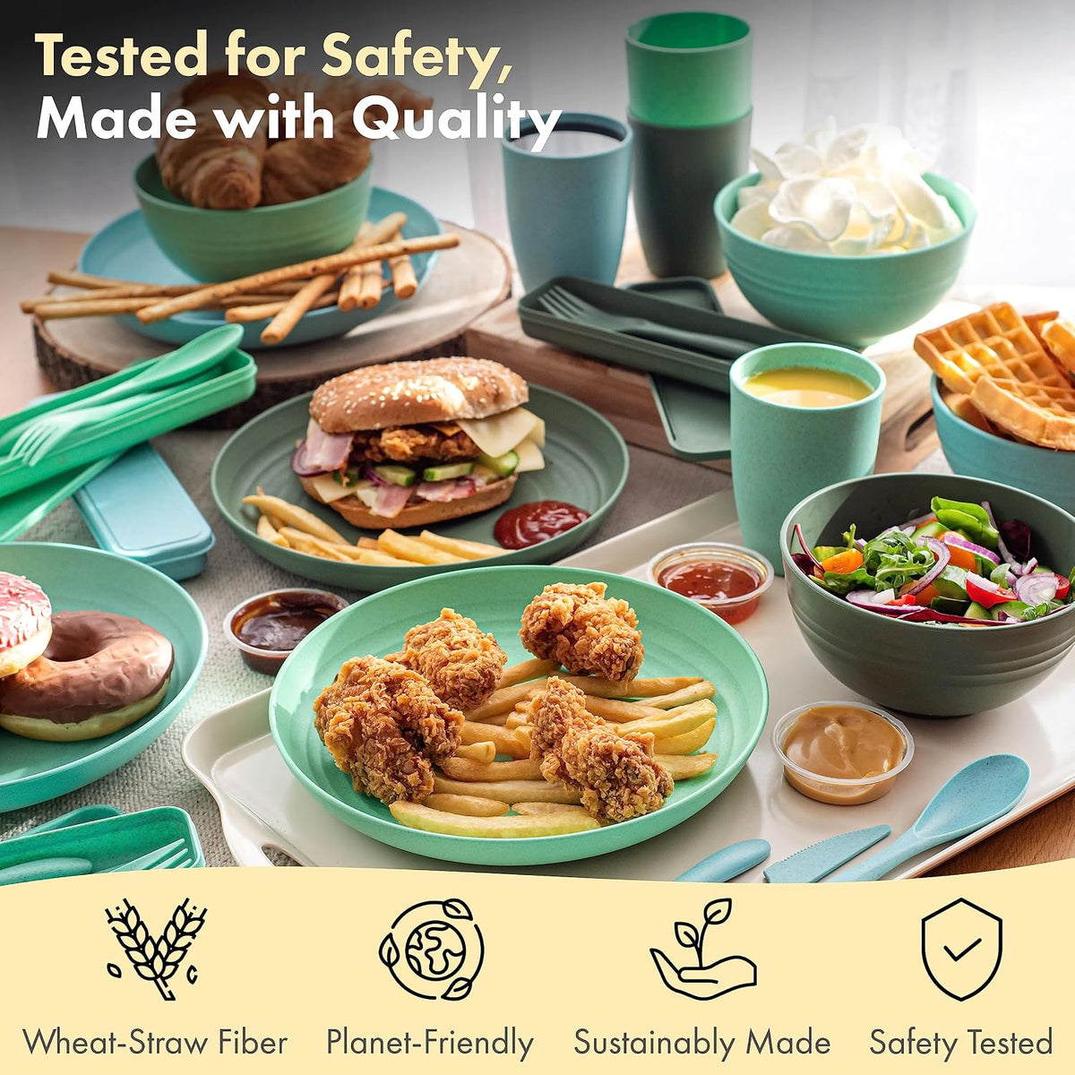 FOODLE Wheat Straw Dinnerware Set - RV, Camping, Picnic Plates Cups & Bowls