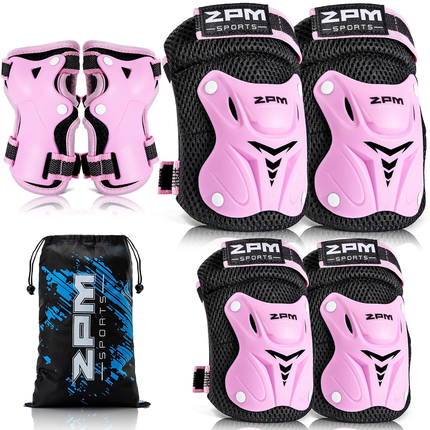 2PM SPORTS Knee Pads for Kids, Wrist Guards Knee and Elbow Pads Set with Drawstring Bag, Protective Gear Set for Girls Boys Roller Skating Cycling Skateboard - Pink Medium