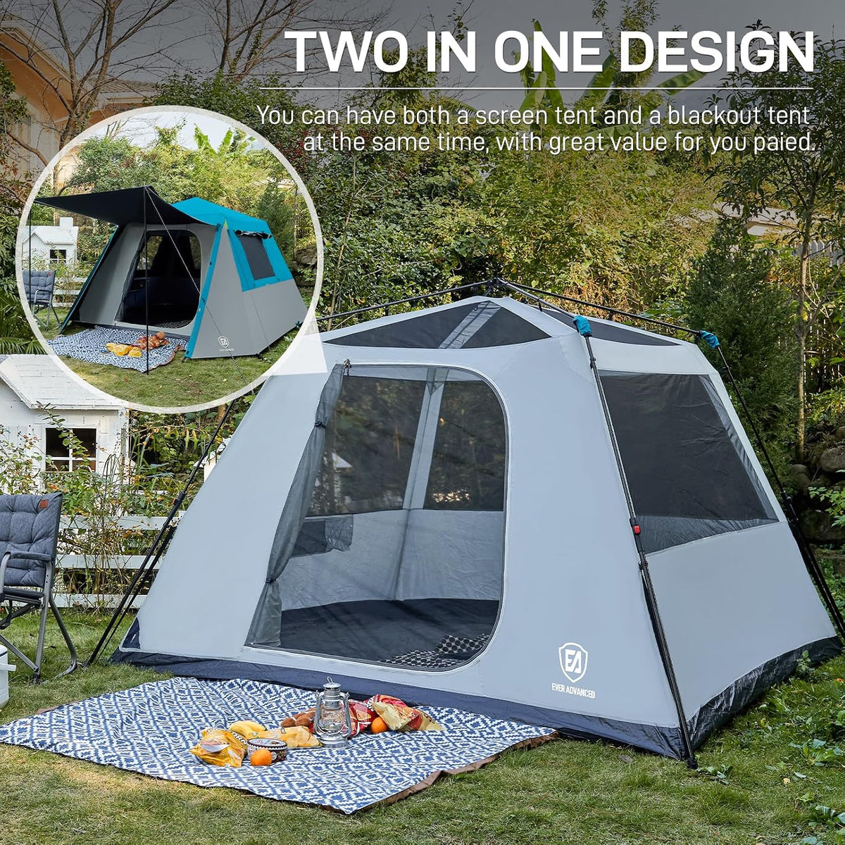 EVER ADVANCED Blackout 6 Person Camping Tent, Instant Cabin Tent for Family with Vestibule and Large Mesh Windows, 60s Easy Setup, Double Layer, Water-Resistant