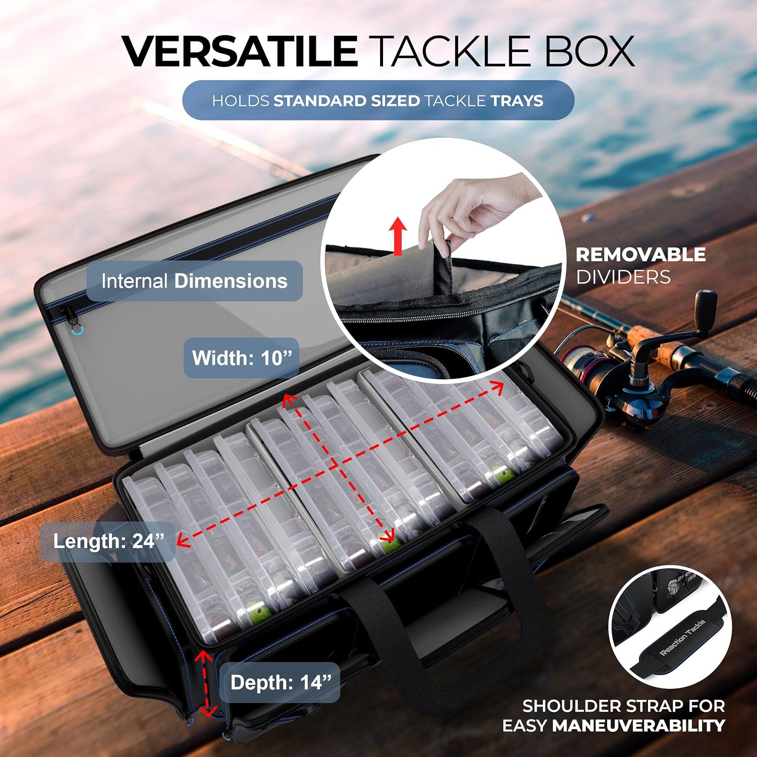 Reaction Tackle Saltwater Fishing Tackle Bags, Water Resistant 1000D PVC Tackle Box Bag with Removable Dividers, Fits 3600 and 3700 Trays, XL