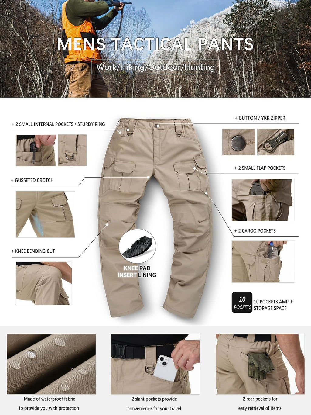 Men's Tactical Pants Water Resistant Stretch Cargo Ripstop Pants Lightweight Breathable Outdoor Work Hiking Pants