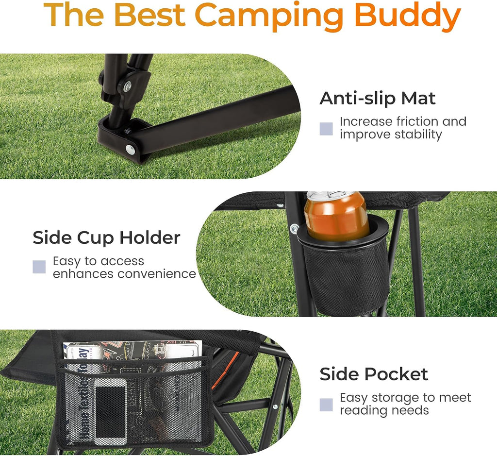 ALPHA CAMP Heavy Duty Camping Chairs with Cup Holder Oversized Folding Chair 500LBS Capacity Outdoor Chair with Headrest,Lawn with Side Pocket for Lawn, Sports and Fishing