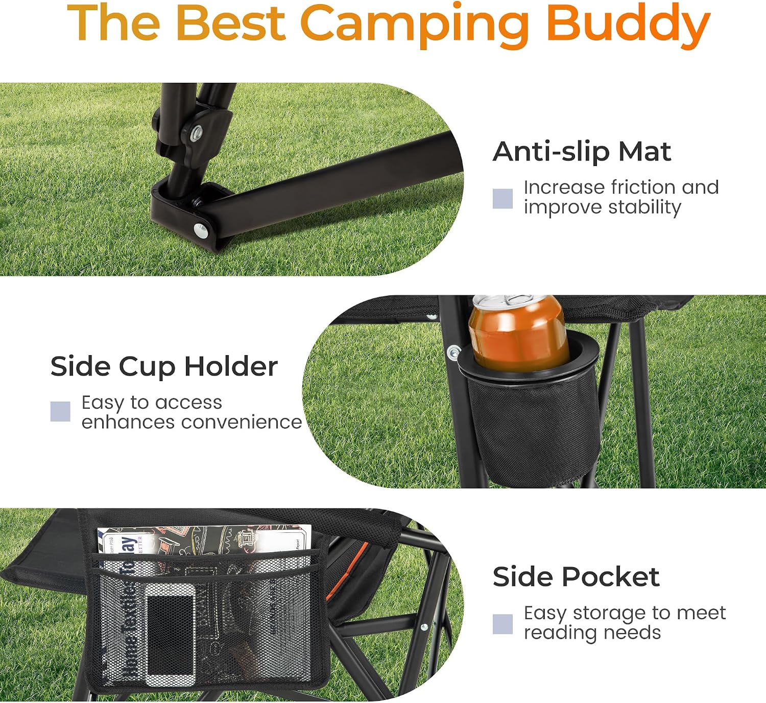 ALPHA CAMP Heavy Duty Camping Chairs with Cup Holder Oversized Folding Chair 500LBS Capacity Outdoor Chair with Headrest,Lawn with Side Pocket for Lawn, Sports and Fishing