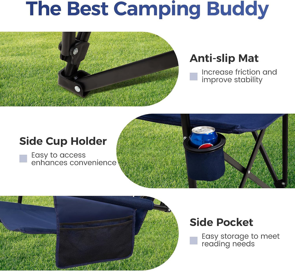 ALPHA CAMP Heavy Duty Camping Chairs with Cup Holder Oversized Folding Chair 500LBS Capacity Outdoor Chair with Headrest,Lawn with Side Pocket for Lawn, Sports and Fishing
