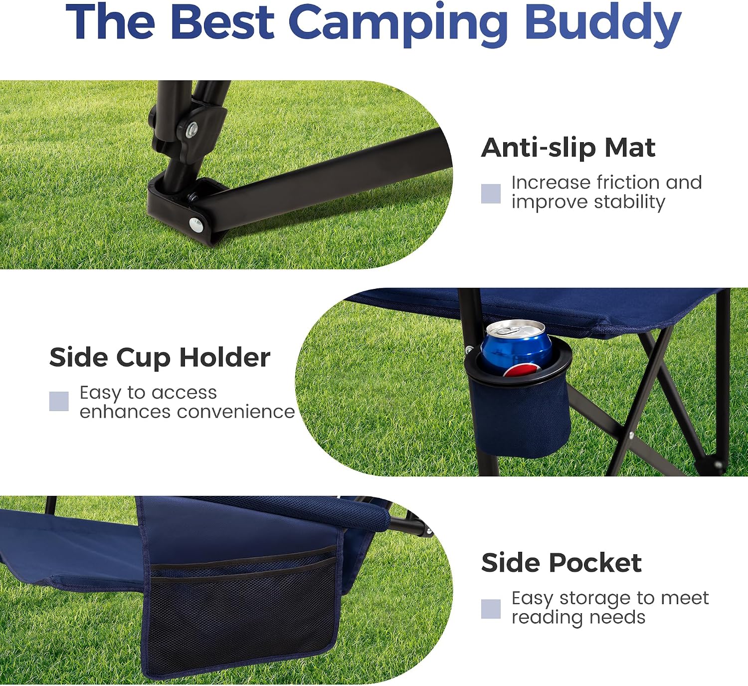 ALPHA CAMP Heavy Duty Camping Chairs with Cup Holder Oversized Folding Chair 500LBS Capacity Outdoor Chair with Headrest,Lawn with Side Pocket for Lawn, Sports and Fishing