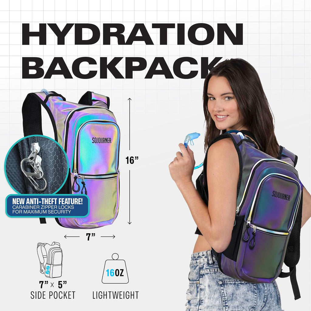Sojourner Hydration Pack, Hydration Backpack - Water Backpack with 2l Hydration Bladder, Festival Essential - Rave Hydration Pack Hydropack Hydro for Hiking, Running, Biking, Festival Gear