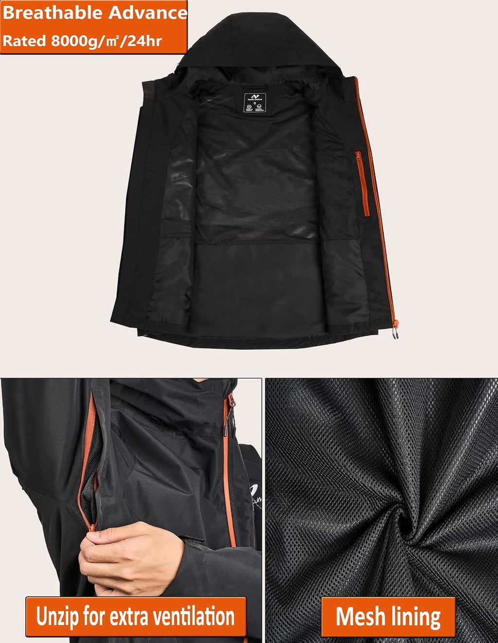 NORDIC OUTLAND Mens Lightweight Hooded Waterproof Rain Jacket Breathable Raincoat Shell for Outdoor Mountain Hiking