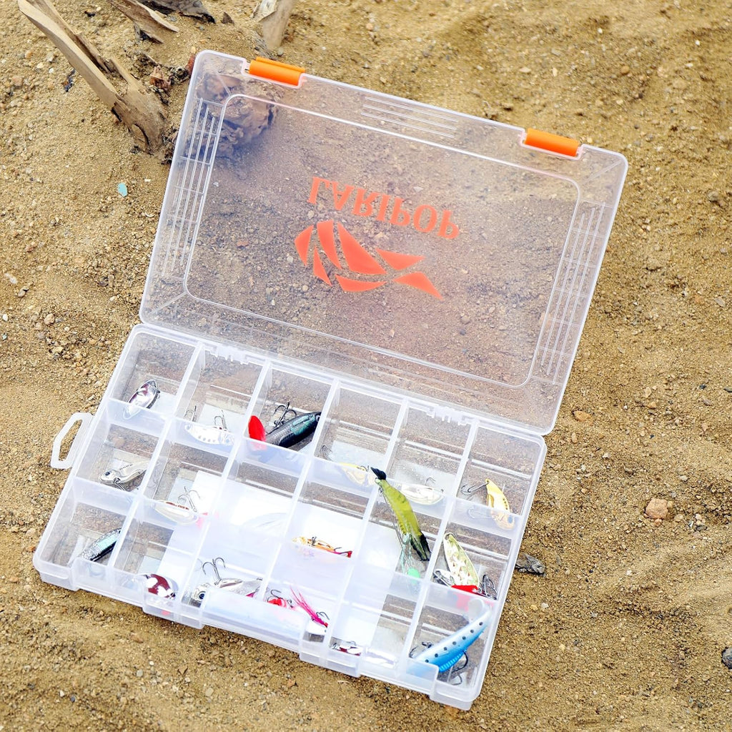 LARIPOP 4-Pack 3600 Fishing Tackle Boxes, Clear Plastic Storage Trays with Adjustable Dividers, Organizer for Lures, Hooks, Sinkers, Jigs & Fishing Accessories