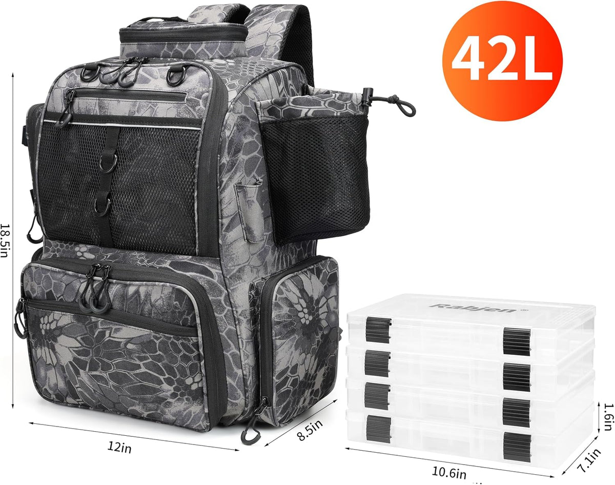 Rabjen Fishing Tackle Backpack with Rod Holders, Bottle Holder, Storage Bag Store Fishing Gear