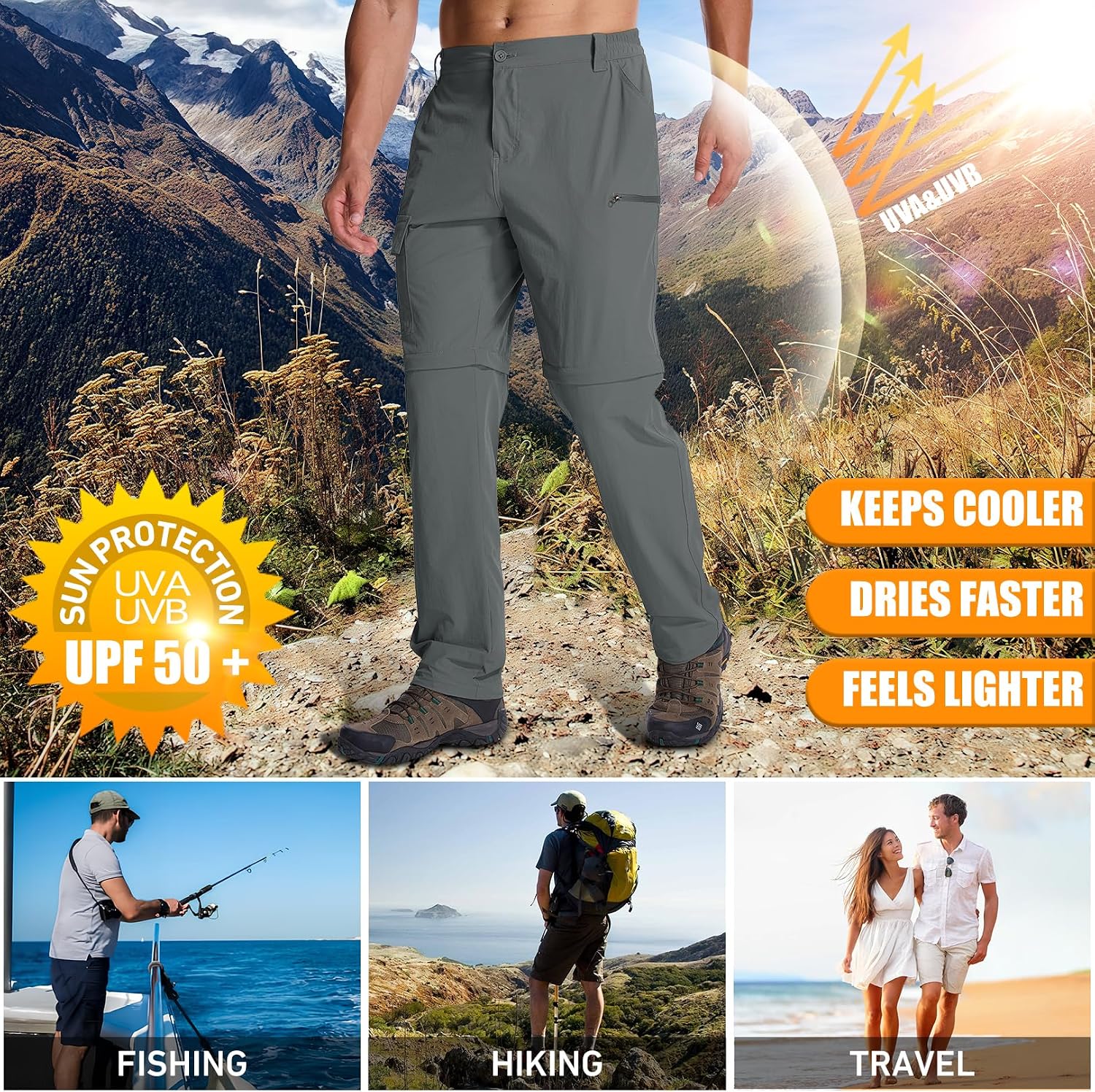 Mens Hiking Pants Cargo Safari Pants for Men Zip Off Outdoor Convertible