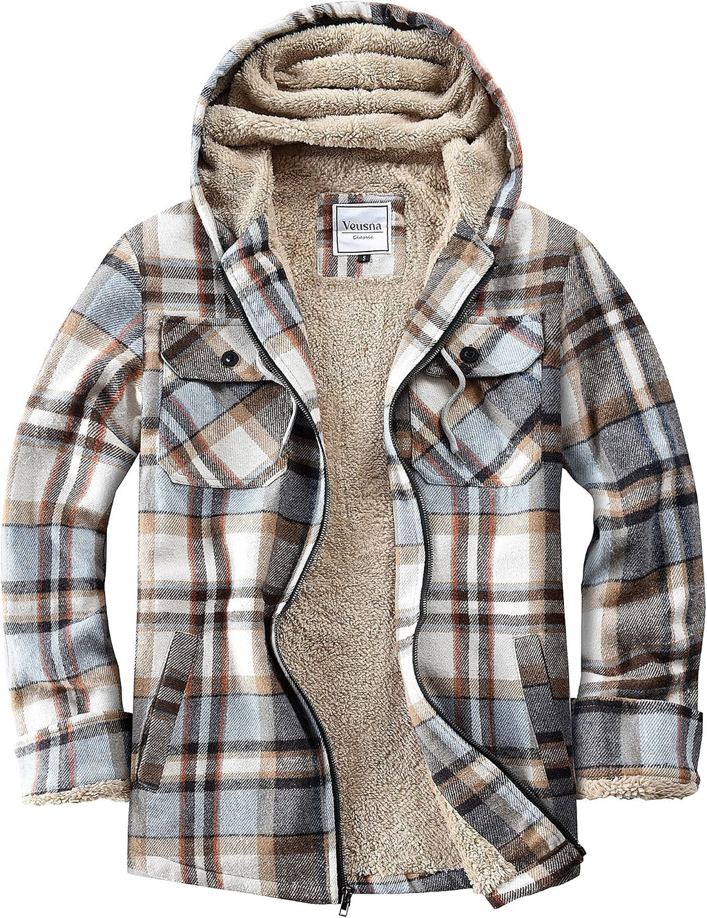 Men's Zip Up Flannel Shirt Jacket Fleece Lined with Hood