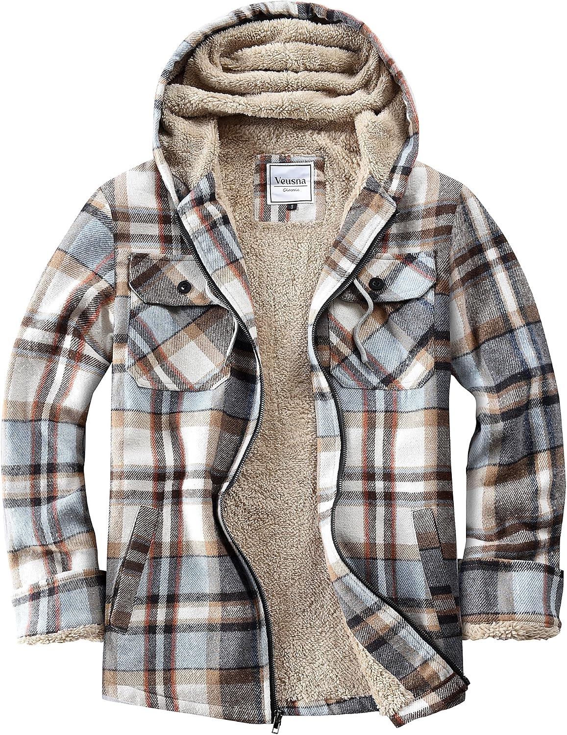 Men's Zip Up Flannel Shirt Jacket Fleece Lined with Hood
