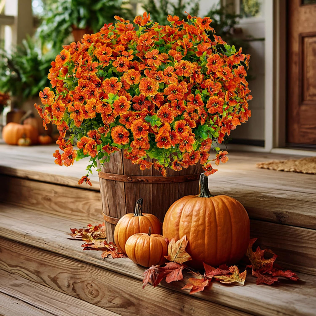 AXYLEX Artificial Mums for Outdoors Fake Fall Flowers Red Orange 16 Pack