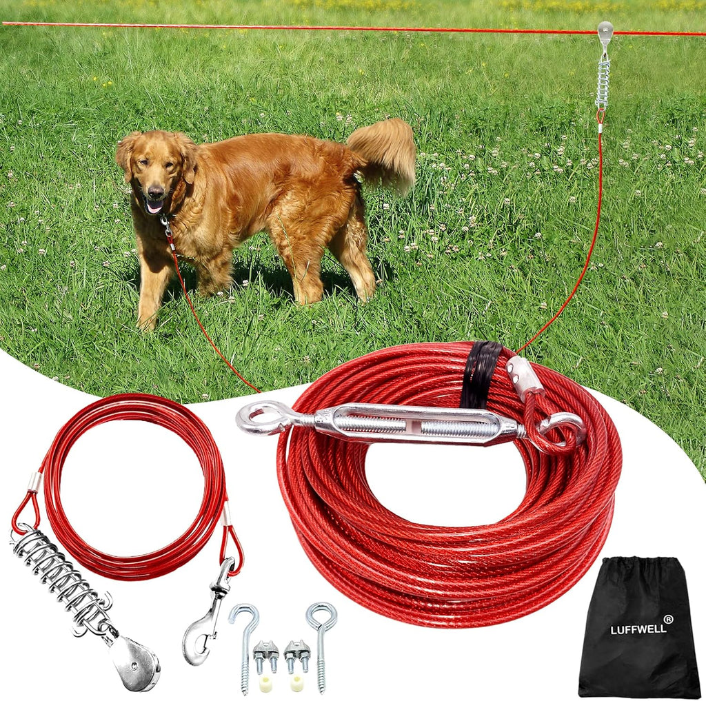 Dog Runner for Yard, Trolley System, 100FT+15FT, Red