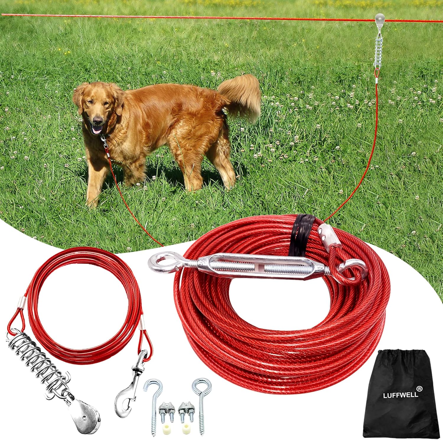Dog Runner for Yard, Trolley System, 100FT+15FT, Red