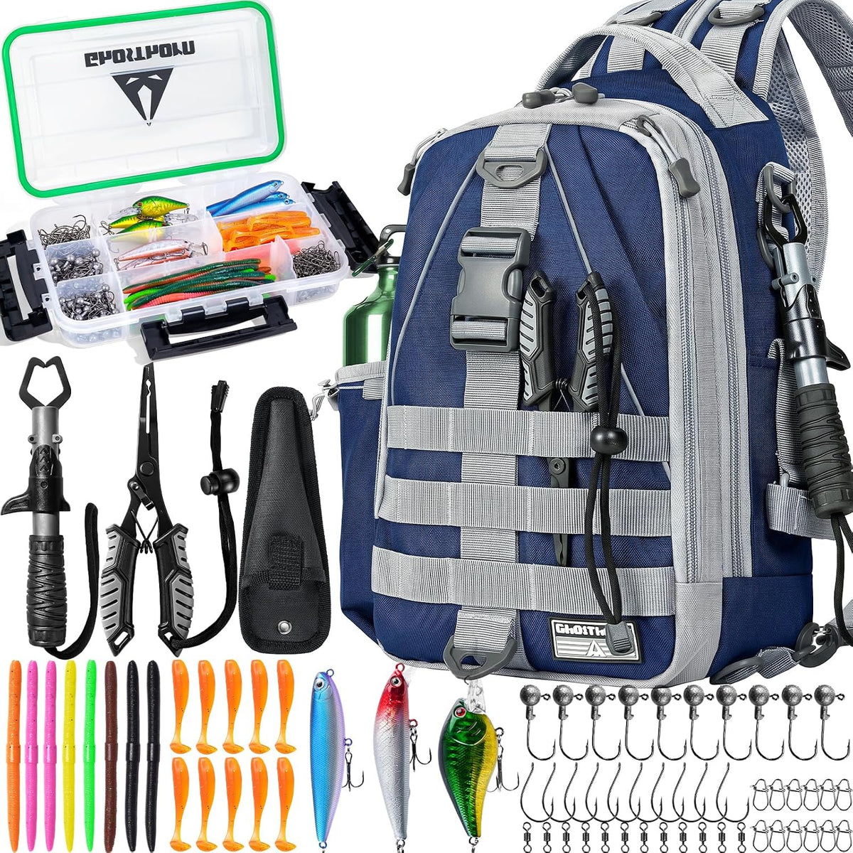 Ghosthorn Fishing Tackle Backpack with Tackle Boxes Rod Holder Fishing Bag