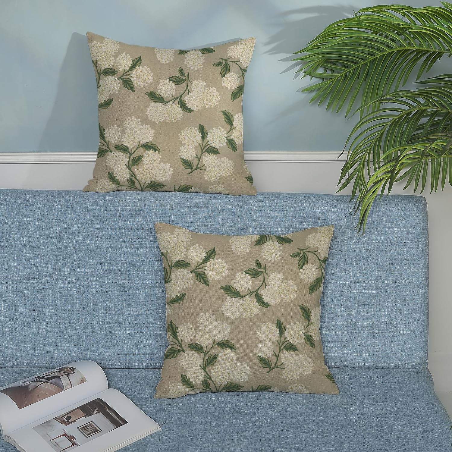 Beige Spring Pillow Covers 18x18 Inch 2 Pcs Khaki Green Hydrangea Flower Decor Throw Pillows Vintage Floral Seasonal Summer Outdoor Decoration Pillowcase Linen Cushion Cover for Couch Sofa