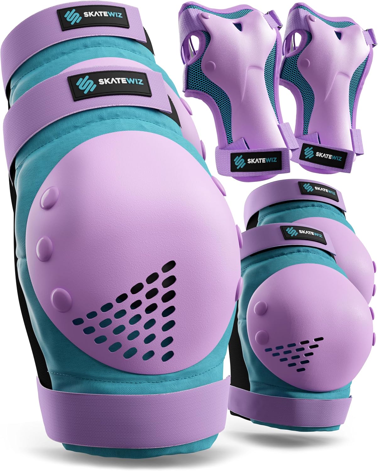 SKATEWIZ Skateboard Pads Protective Gear Set for Kids and Adults - Smash - Roller Skate Pads [6pc] with Wrist Guards - Skating Protective Gear - Roller Derby
