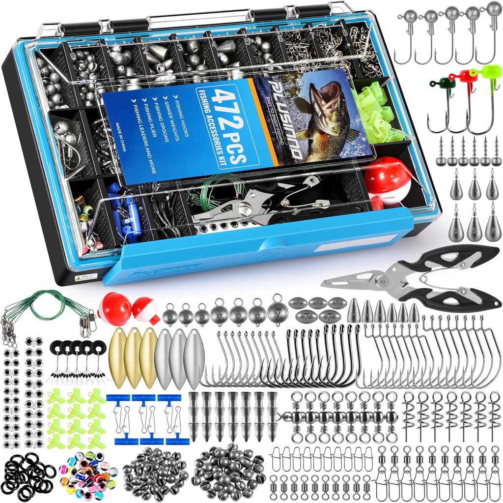 PLUSINNO Fishing Gear Accessories Kit, 449PCS Fishing Tackle Box with Tackle Included, Fishing Hooks, Fishing Weights Sinkers, Jig Heads, Fishing Tackle Set Equipment for Bass Trout, Gifts for men