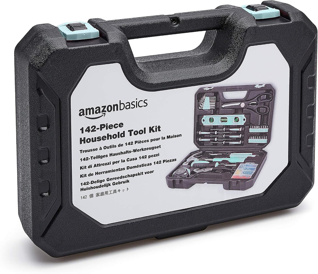Amazon Basics 142-Piece Household Tool Kit for Home Repair, Hand Tools with Storage Case, 13.39 x 9.25 x 2.95 inch, Turquoise