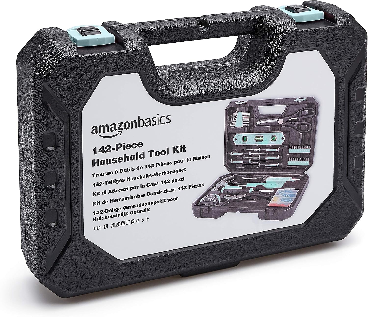 Amazon Basics 142-Piece Household Tool Kit for Home Repair, Hand Tools with Storage Case, 13.39 x 9.25 x 2.95 inch, Turquoise