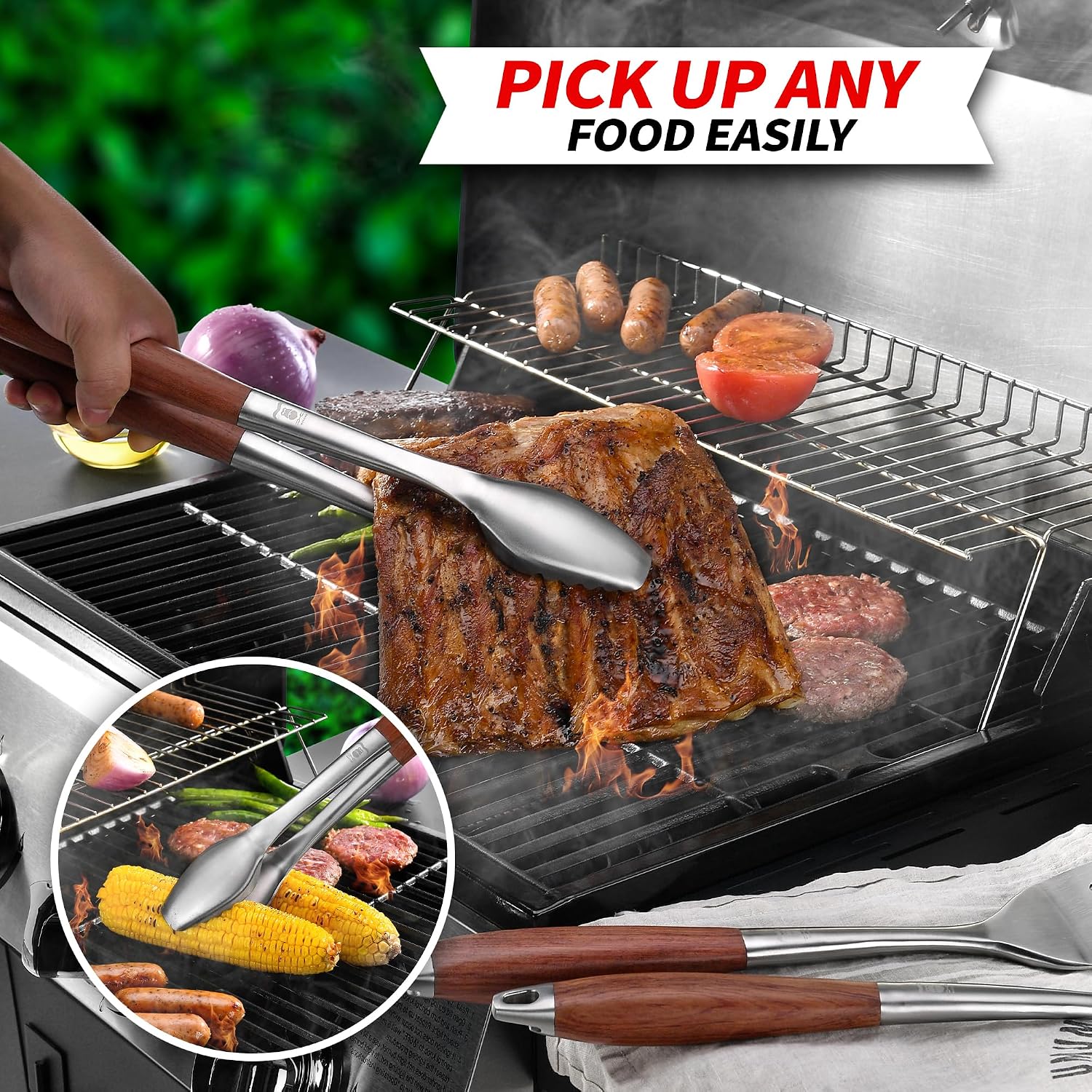 GRILAZ Heavy-Duty Rose Wooden BBQ Grilling Tools Set. Extra Thick Stainless Steel Multi-Function Spatula, Fork & Tongs | Essential Accessories for Barbecue & Grill. Ideal Gift for Father…