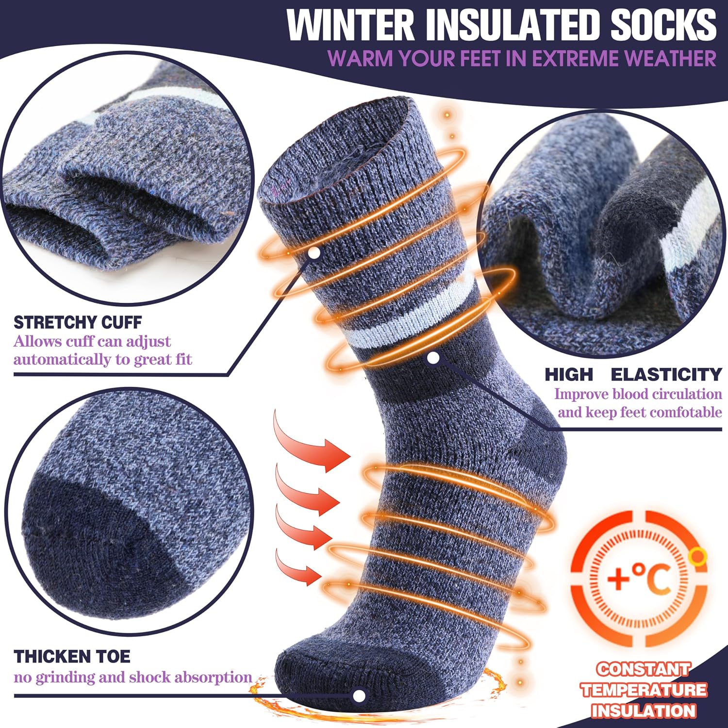 MOGGEI 3 Pairs Thermal Winter Socks for Women & Men Thick Extra Warm Insulated Ski Boot Socks for Cold Weather
