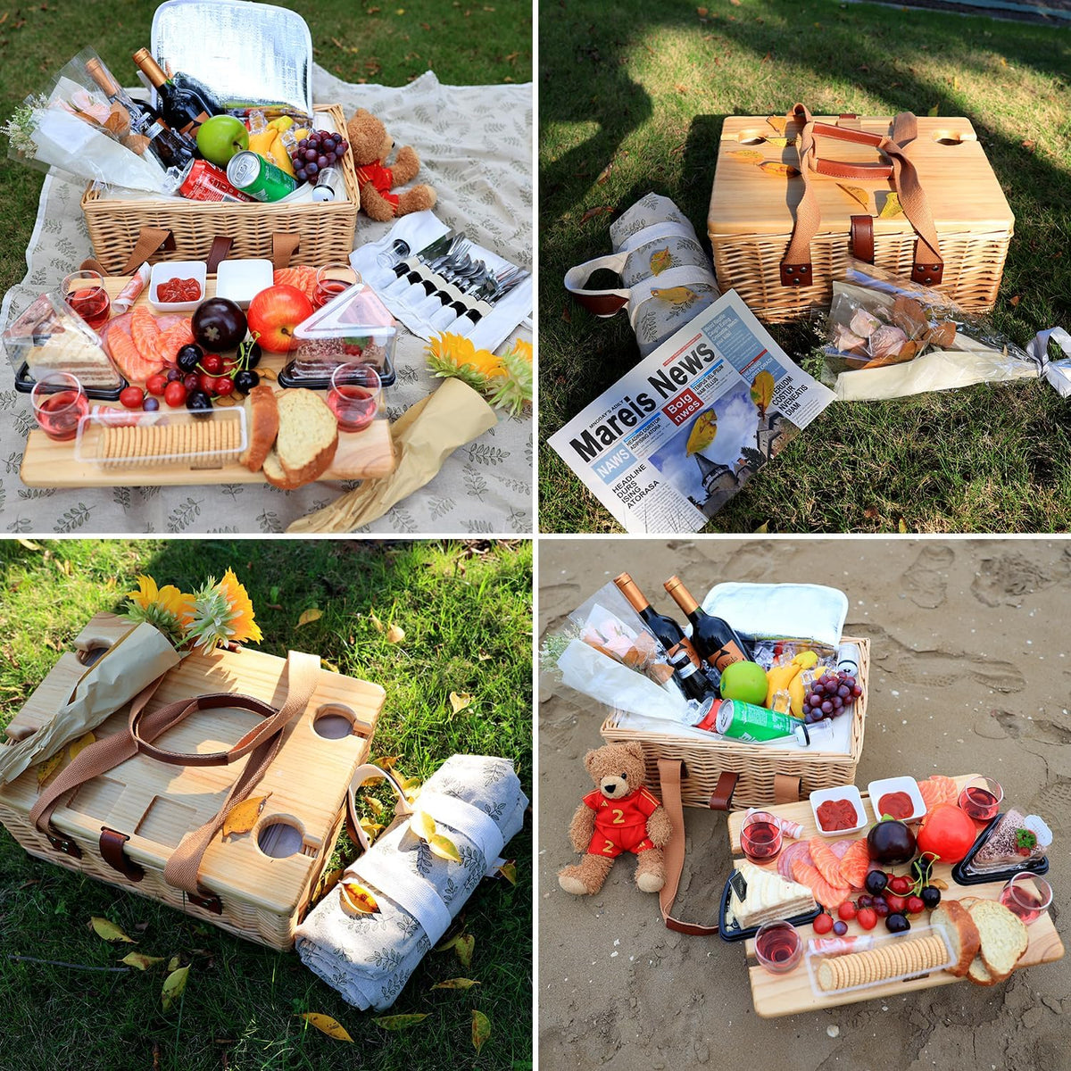Hap Tim Wicker Picnic Basket for 4 with Mini Folding Wine Picnic Table & Large Insulated Cooler Bag & Cutlery Service Kits for 4 Person, Couples Gifts, Wedding Gifts (Y2307-4-CM)