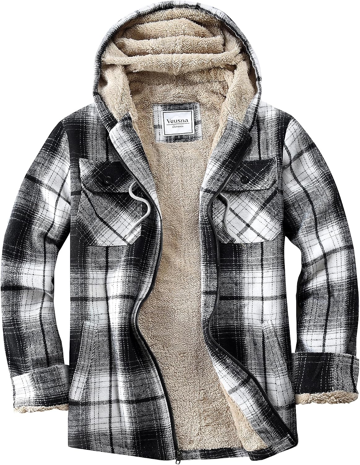 Men's Zip Up Flannel Shirt Jacket Fleece Lined with Hood