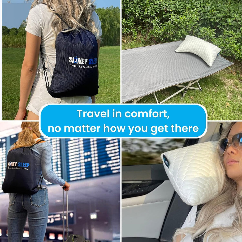 Sidney Sleep Mini Travel Size Neck Pillow - Knee, Back Lumbar and Support - Small Curved Pillow - 14 x 19 Inches - Adjustable Loft - Washable - Drawstring Backpack Included (White)