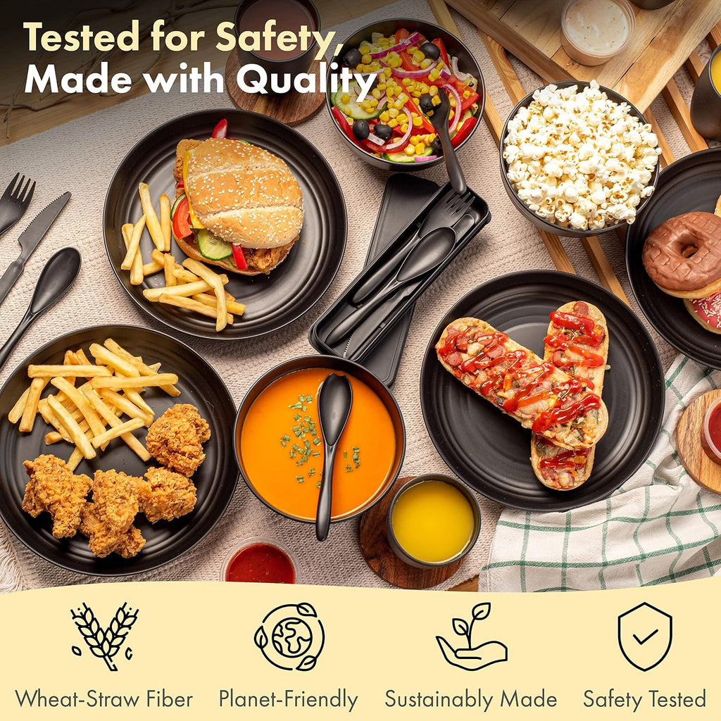 FOODLE Wheat Straw Dinnerware Set - RV, Camping, Picnic Plates Cups & Bowls