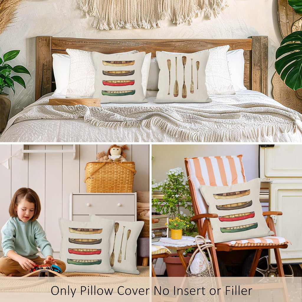 Retro Canoe Paddle Throw Pillow Covers Set of 2, Vintage Paddles Pillow Case Cover for Sofa Couch, Farmhouse Outdoor Boat Cushion Cover Case for Bedroom, Lake House Decor, 18x18 Inch