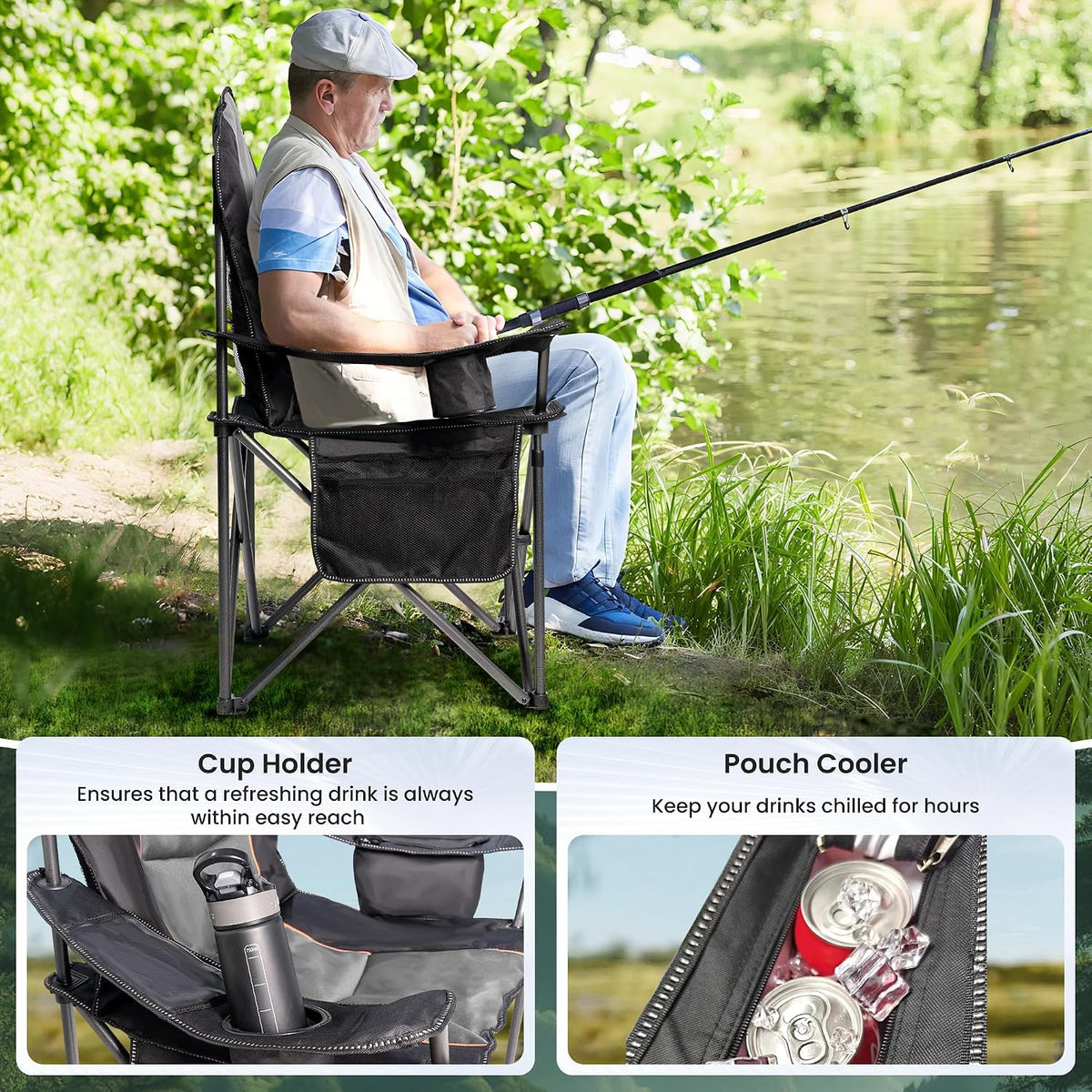 2 Pack Folding Camping Chairs for Adults - High Back Padded Outdoor Lawn Chairs with Lumbar Support & Cup Holder, 500lbs Heavy Duty Portable Camping Chairs Set (Black & Gray, 2 PCS)