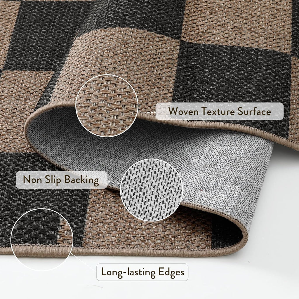 Lahome Checkered Easy Jute Living Room Rugs, 5x7 Outdoor Patio Rug Washable