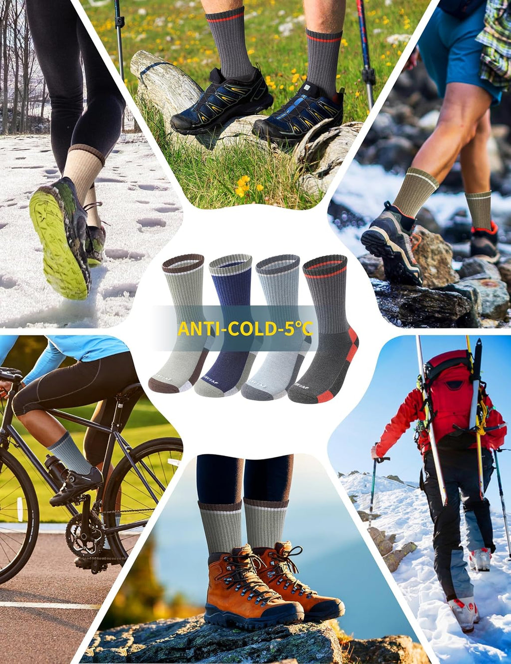 Wool Hiking Socks for Men - Women Lightweight Crew Merino Wool Socks with Cushion for Camping Hunting Work,4 pack