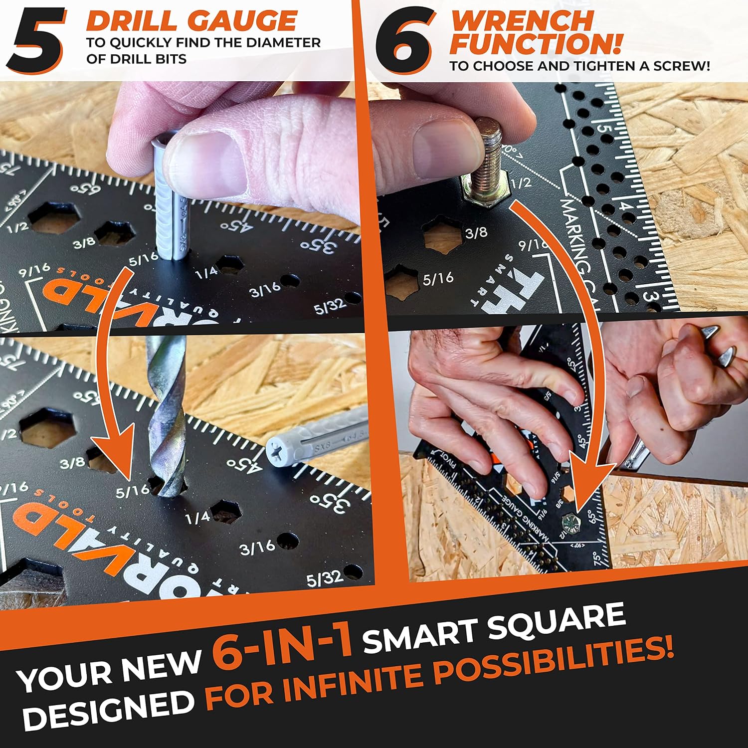 THORVALD 6-in-1 Carpenter Square 7 inch (1/16" Precision) T Square Multi-Purpose Carpenter Tools : Wrench, Square, Protractor, Ruler, Marking Gauge, Drill Gauge, Includes 2-in-1 Carpentry Pencil