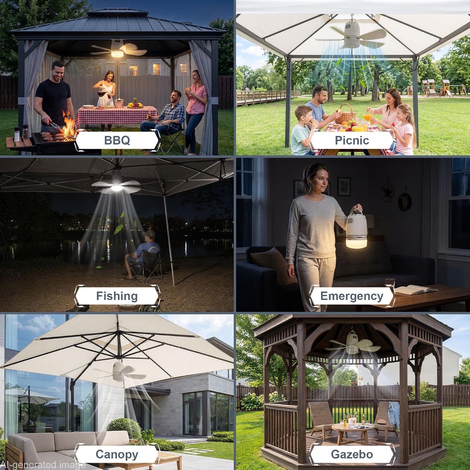 Battery Operated Outdoor Ceiling Fan, 20000mAh Portable Canopy Fan with Light, Remote & Hanging Hook, 3000k-6000k Dimmable Rechargeable Ceiling Fan for Tent, Gazebo, Patio, Camping (20'')