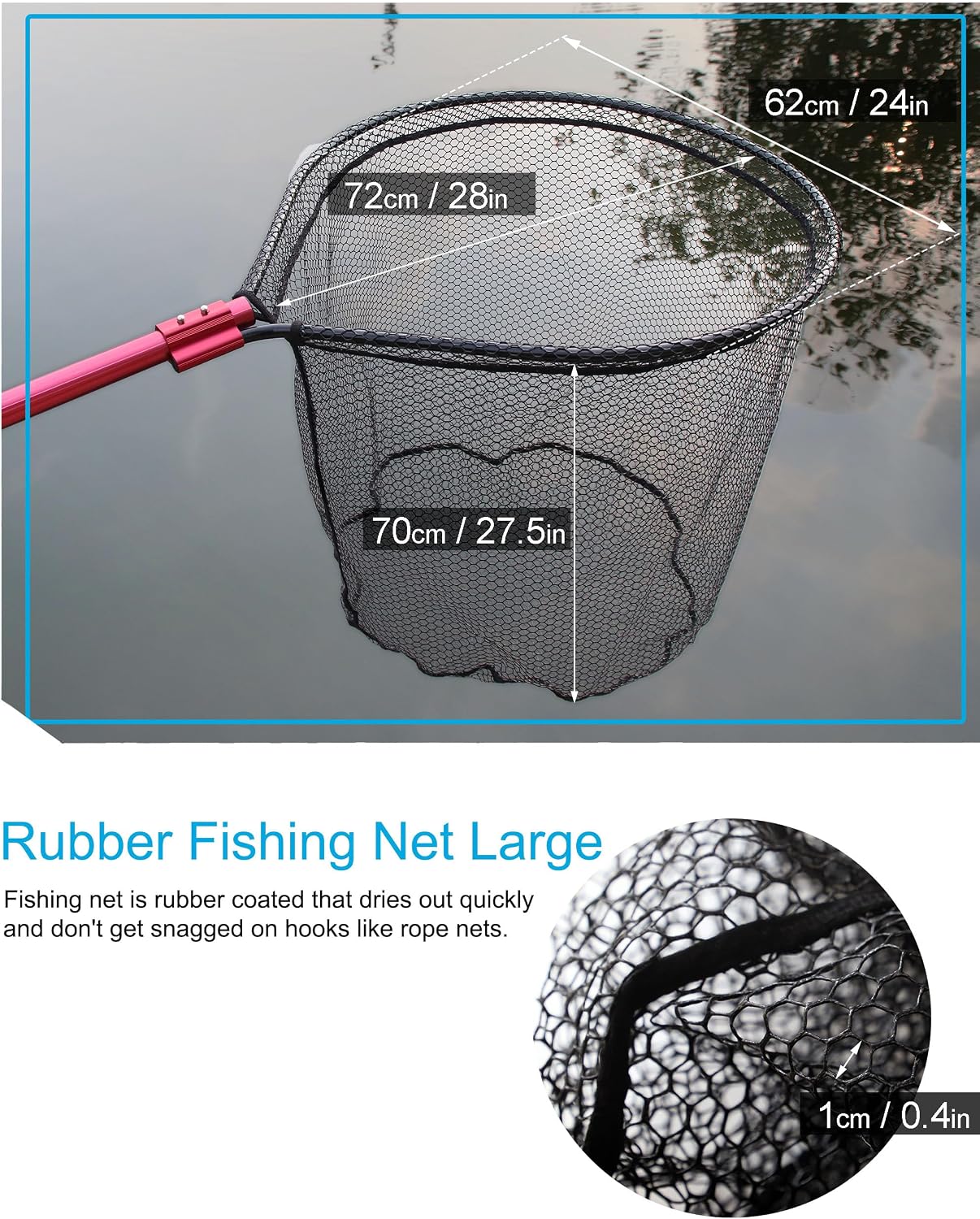 Large Rubber Fishing Net Heavy Duty Extra Large Aluminum Landing Net for Saltwater Fish Net Telescoping Handle with 6pcs Soft Jig Swimbait, Extends to 72-94in