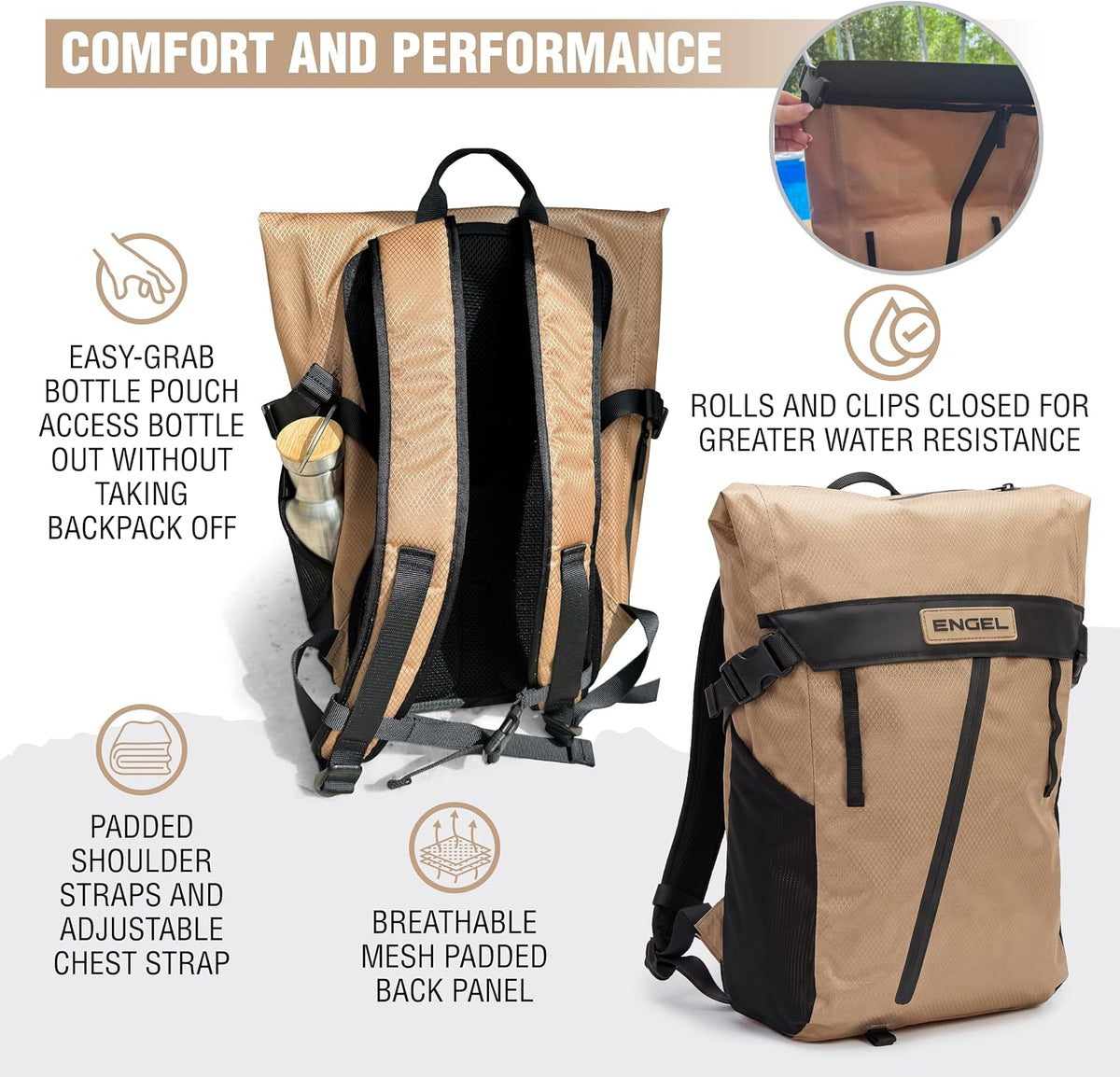 GoBag 20 Quart Lightweight, Easy Access Dry Bag Backpack in Desert Tan