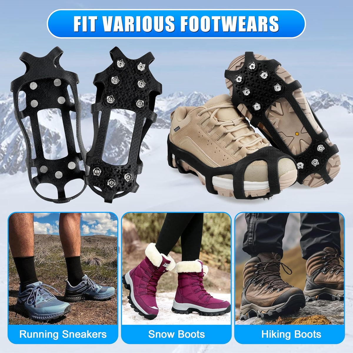 Crampons Ice Cleats for Shoes and Boots Snow Traction Cleats for Walking on Snow and Ice 9 Point Cleats Non-Slip Grippers Overshoe Silicone Stretch Footwear for Winter Hiking Climbing Ice Fishing
