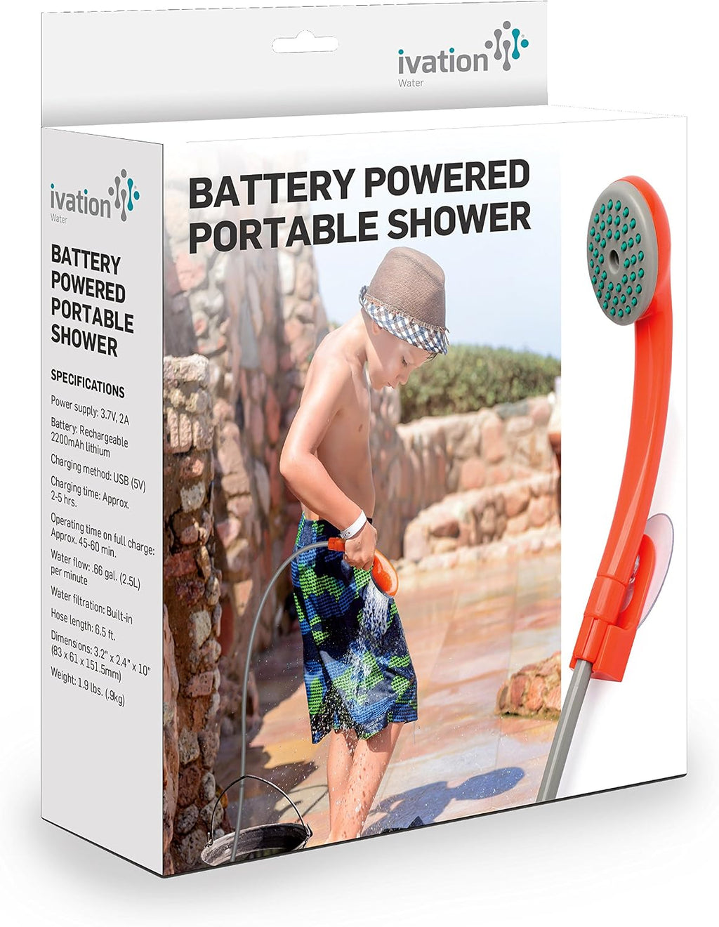 Ivation Portable Outdoor Shower, Battery Powered, Water Pump, Rechargeable