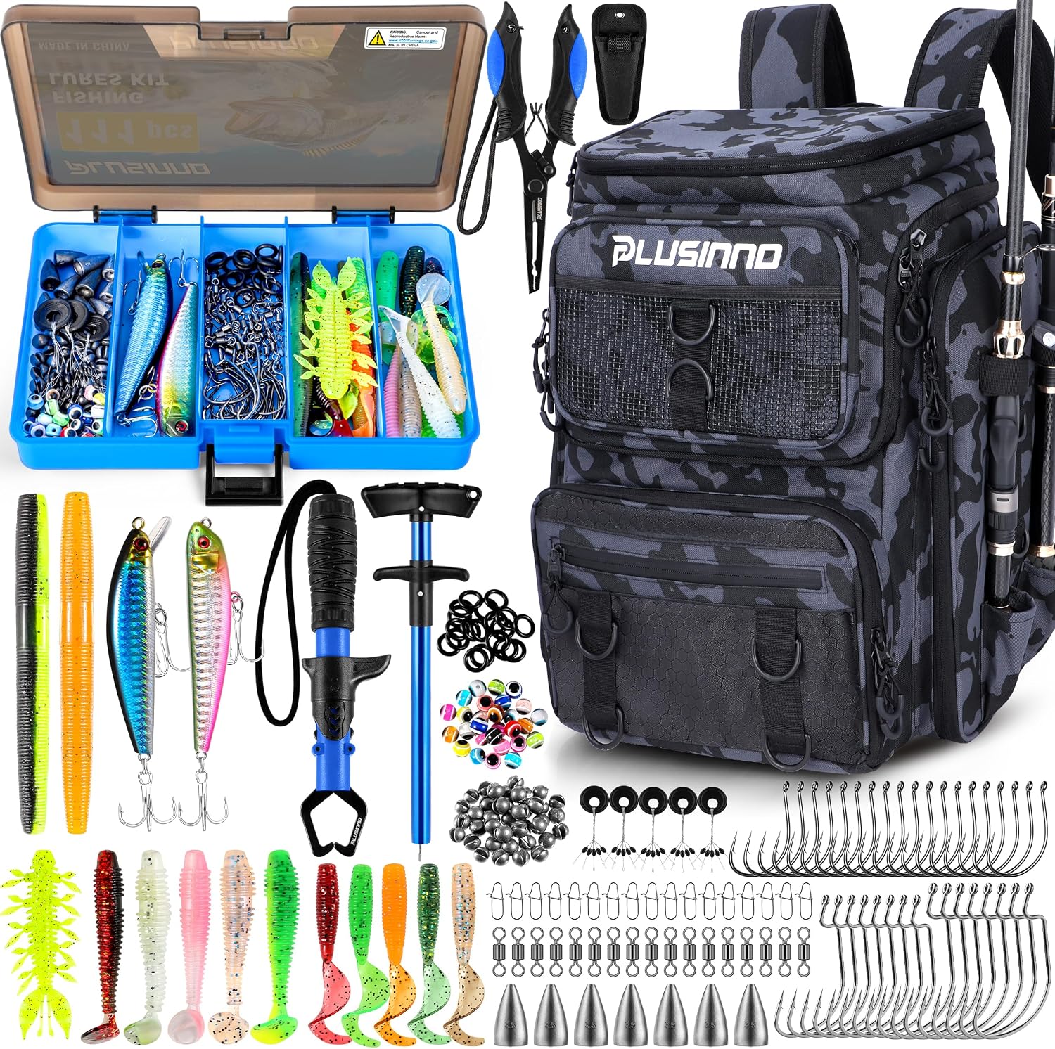 PLUSINNO Fishing Backpack with Tackle Boxes,Fishing Gear,42L Waterproof tackle Backpack with Rod Holders,Lures,Tools,Pliers & Accessories, Fish Gifts for Men