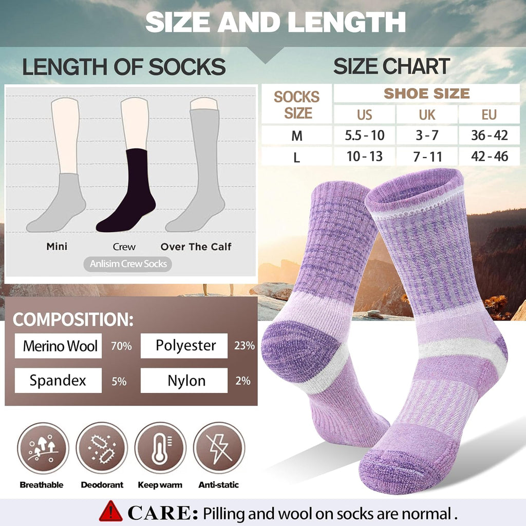 Anlisim Merino Wool Hiking Running Socks for Women, Boot Work Crew Socks